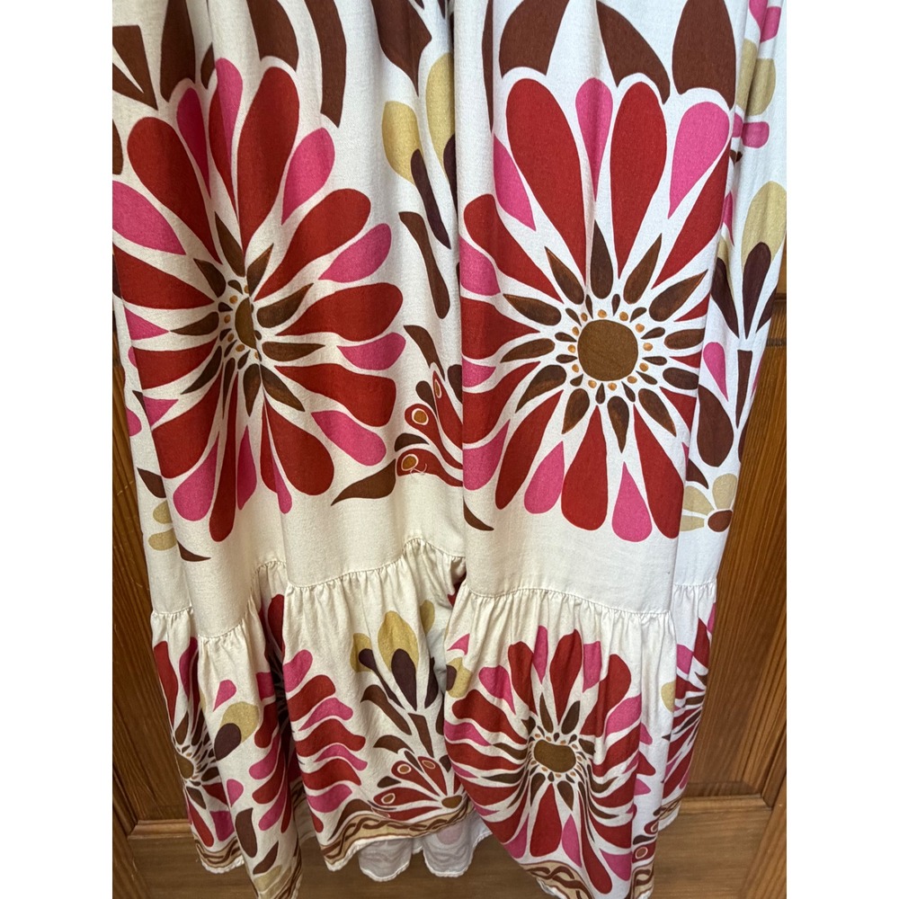 Farm Rio Women Red Pink Floral Viscose Tiered Maxi Dress Size Medium Bohemian - Picture 12 of 14